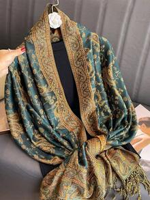 1pc Women's Bohemian Style Vintage Paisley Jacquard Pashmina Scarf, Casual Elegant Autumn/Winter Shawl Wrap, Suitable For Daily Wear,,Mother's Day - Màu xanh hải quân - Xem 3