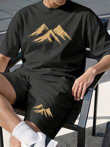 GRDR Men's Printed Round Neck Short Sleeve T-Shirt And Drawstring Shorts Casual Set - Black - View 2