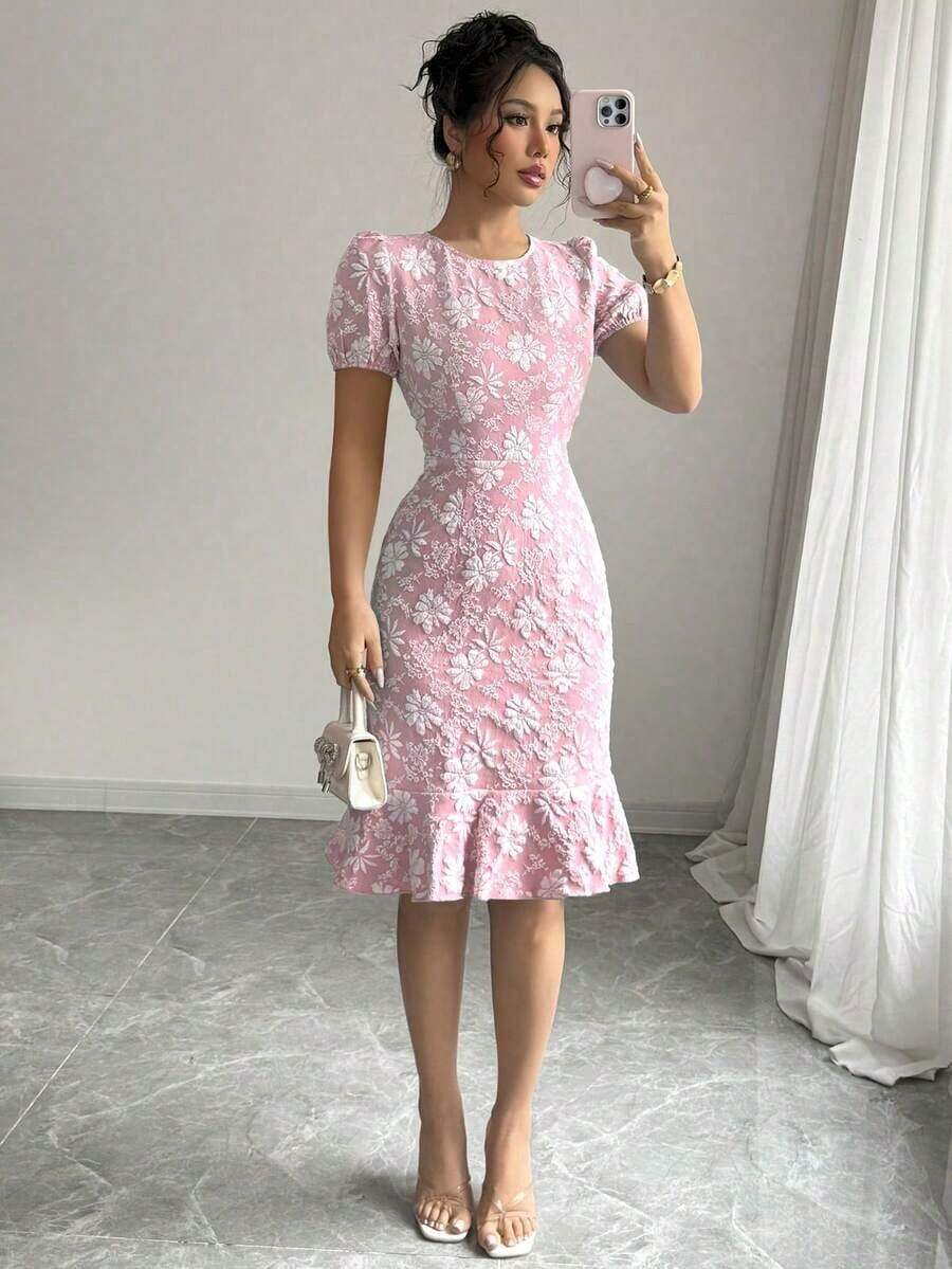 2025 Spring/Summer Women's Elegant Jacquard Solid Color Round Neck Ruffle Hem Puff Sleeve Mid-Length Dress Pink - White - View 1