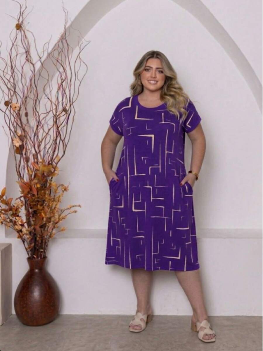 Plus Size Printed Midi Knit Dress - Màu tím - Xem 1