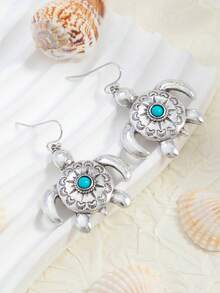 1 Pair Vintage Sea Turtle & Turquoise Design Women Earrings, Delicate & Cute Simple Fashion Jewelry, Suitable For Daily Wear And Party/Holiday Gift - Antique Silver - View 2