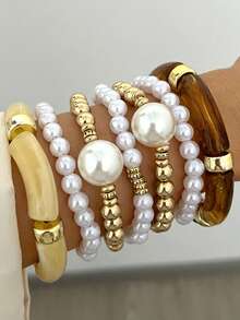 Bộ 7 vòng tay co giãn thời trang tối giản, thanh lịch, tinh tế, mang phong cách retro, họa tiết hình học bất thường, đính đá và ngọc trai giả, thích hợp cho các dịp lễ, tiệc tùng, hẹn hò, làm quà tặng và đeo hàng ngày. - Nhiều màu - Xem 2