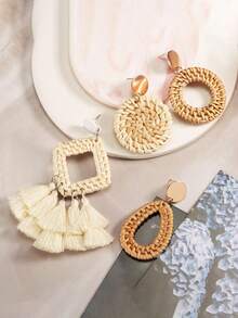4对藤编耳环，流苏吊坠，波西米亚风草编耳环，海滩必备 - 米色 - 查看 4