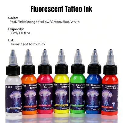 Juego de tinta de tatuaje fluorescente UV, pigmento de tatuaje que brilla en la oscuridad KYM con reacción a la luz UV, 7 colores de tinta de tatuaje neón brillante para arte corporal y maquillaje permanente - Tinta de tatuaje neón, pigmento de tatuaje UV