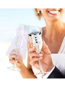 2 piezas Cubiertas para botella y copa de champán de novia y novio, accesorios decorativos para fiesta de compromiso - Múltiples estilos - Ver 5