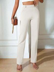 Solid Slant Pocket Straight Leg Pants Spring Elegant - Màu be - Xem 4