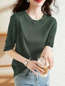 Áo thun tay lửng cài nút kiểu dáng thường ngày, áo thun cổ tròn tay lửng đa năng thời trang mùa hè mới dành cho nữ, giúp thon gọn vóc dáng. - Màu xanh lá cây đậm - Xem 4