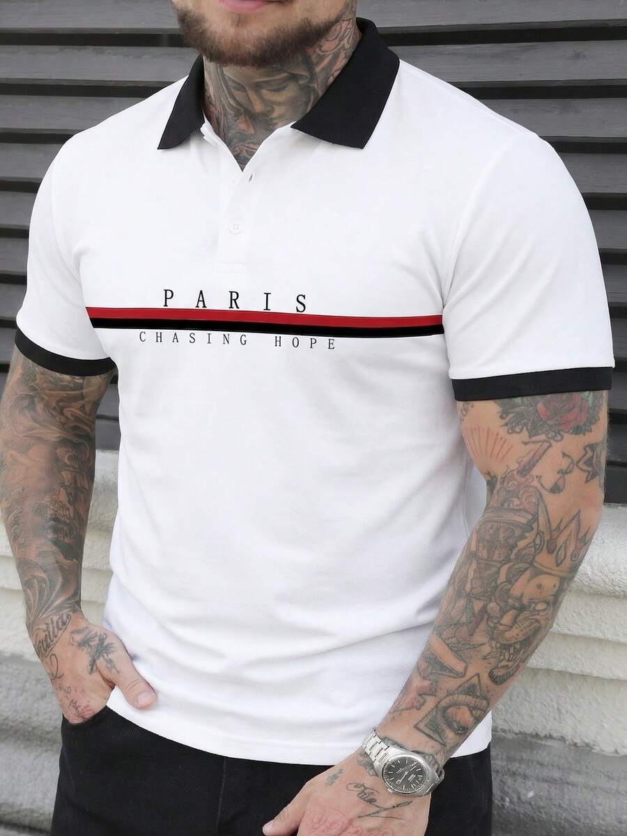 1 áo polo nam in họa tiết, cổ bẻ, tay ngắn, kiểu dáng thường ngày. - trắng - Xem 1