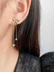 1 Pair Of Cute Bow Tassel Clip-On Earrings  Dainty Sweet Fringe Non-Pierced Ear Jewelry, Lightweight Design, Sparkling Delicate Accessory Daily Wear Date Party, Birthday Holiday Girls Friends - Vàng - Xem 5