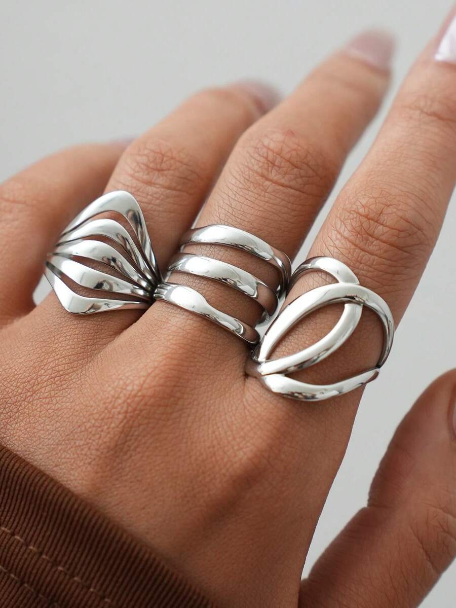 3件套银色几何戒指，304不锈钢材质，抛光亮面，简约时尚，适合女性佩戴，低过敏性，日常及派对皆宜，西式风格，女士沙滩配饰，厚实款式 - 彩色 - 查看 1