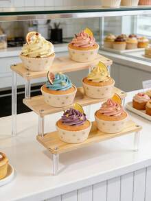 1个2/3层亚克力木质展示架，透明亚克力展示增高架，木质多层展示架，阶梯式增高架，适用于纸杯蛋糕、香水、人偶、收藏品等。 - 無色 - 查看 3