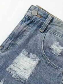 ARWY Women's Casual Distressed Denim Shorts With Pockets And Buttons, Fashionable Non-Stretch Straight Leg Hotpants, Suitable For Boho Summer Styles - Light Wash - View 9