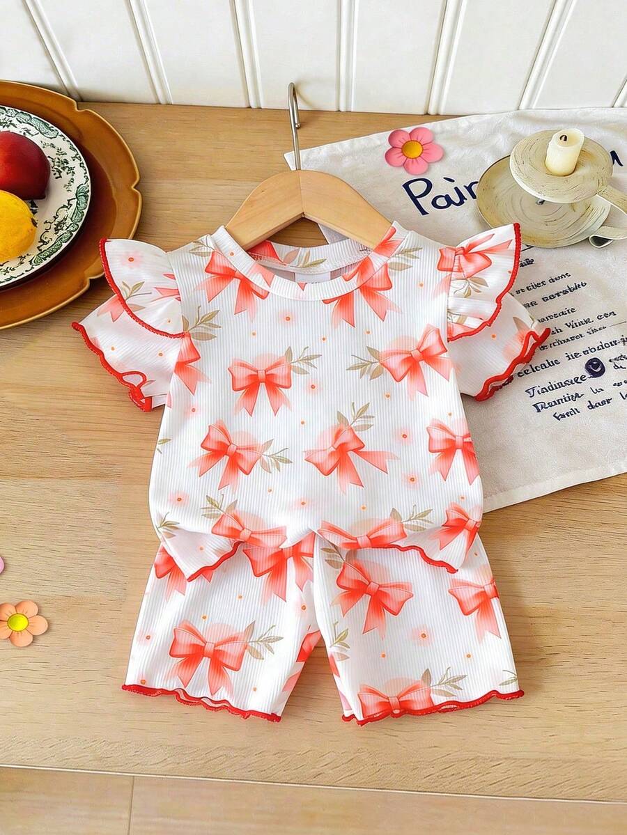 Bộ đồ 2 món cho bé gái, kiểu dáng thanh lịch, in hình bướm, cổ tròn và quần short, thích hợp cho mùa hè. - Đỏ - Xem 1