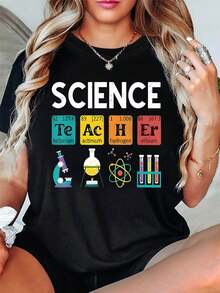 Women'S Science Teacher Appreciation T-Shirt - Casual Round Neck Tee With Periodic Table Of Elements & Chemistry Symbols, Black With Colorful Print, Perfect For Spring/Summer, Teacher Appreciation Gifts - 彩色 - 查看 6