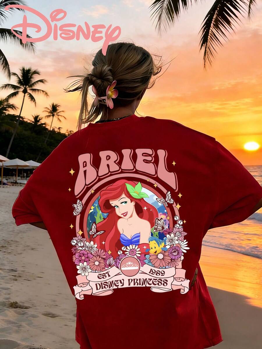 Disney Women Classic Red Short Sleeve Round Neck Casual Sweatshirt With Ariel Graphic Print - 紅色 - 查看 1
