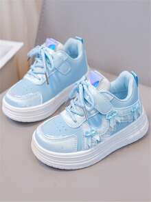 1 Pair Girls' Spring/Autumn New Flat Shoes With Bow Decor, Cute PU Hook And Loop Design, Girls' Outdoor Non-Slip Durable Flat Sports Shoes, Suitable For All Seasons, School Style - Blue - View 4