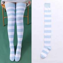 1 Pair Women's Over The Knee Socks Combed Cotton Thigh High Socks Plus Size Long Loose Fit Striped Fashion Casual Daily Wear - 黑色 - 查看 10