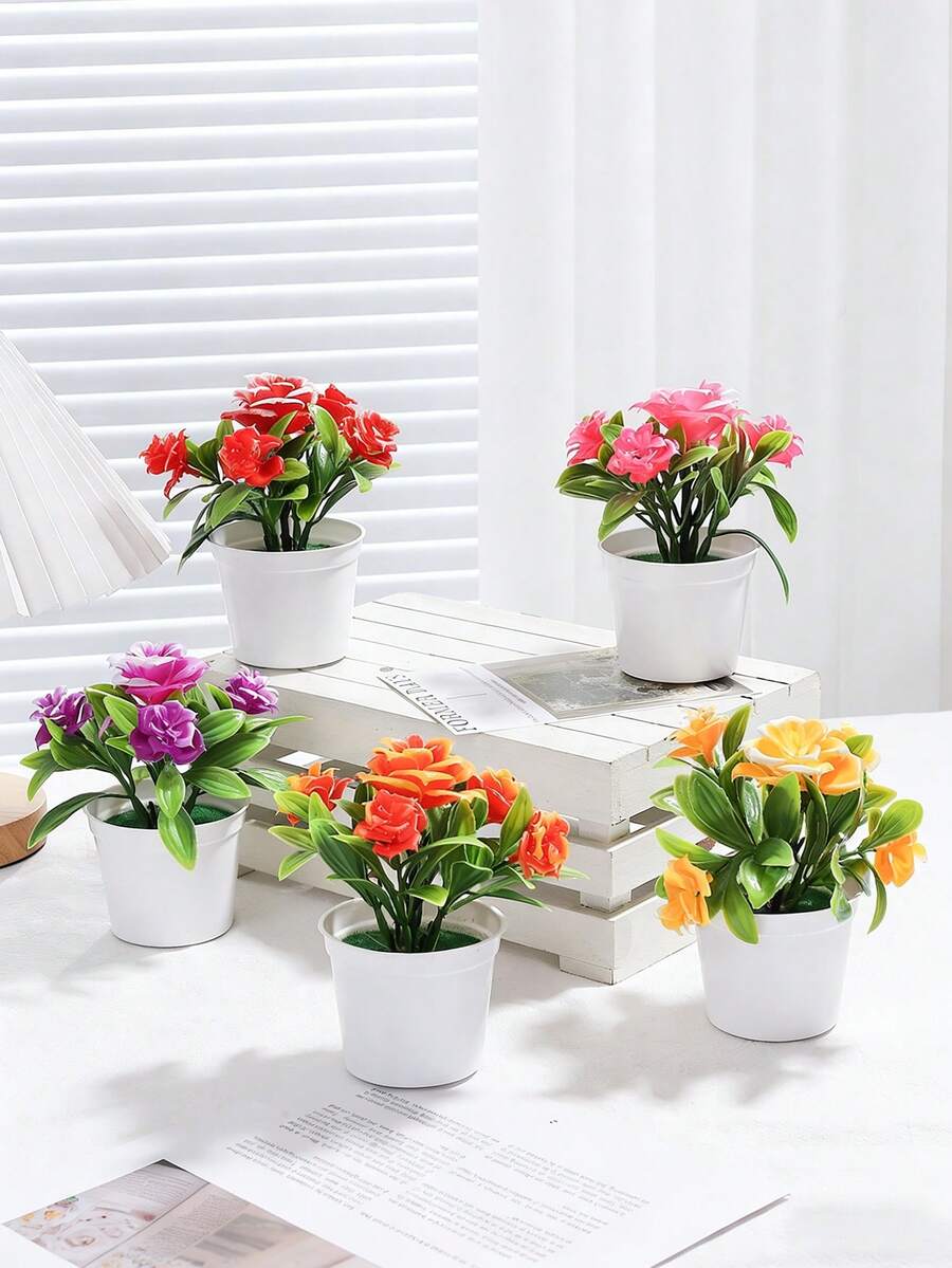 5株仿真玫瑰花盆栽，仿真花桌面装饰