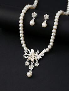 Bộ trang sức cưới sang trọng dành cho nữ, gồm 3 món: dây chuyền ngọc trai hình chữ Y và 1 đôi bông tai ngọc trai đính kèm. - Bạc - Xem 2
