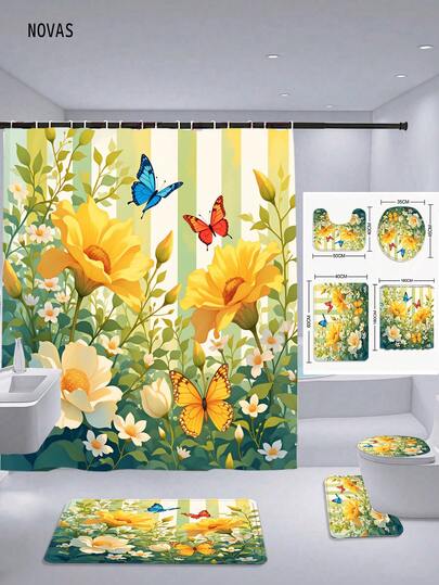 1/3/4件套花卉蝴蝶浴帘套装，黄色花园花卉图案，可水洗涤纶面料，防水耐磨，浴室装饰配件，带12个挂钩 - 包括马桶盖套、浴垫和地毯，非常适合家庭/卧室/客厅/家居用品/夏季