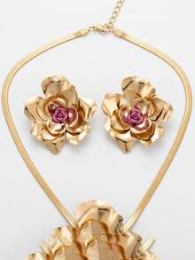 2 Sets Petal Textured Enamel Flower Pendant Necklace + Earrings Set, Vintage Romantic Style With 3D Multi-Layer Petals, Pink Enamel Flower Center, Snake Chain Design, Suitable For Women Who Love Delicate Style And Pursue Exquisite Details For Daily Wear Or Dates - Yellow Gold - View 3