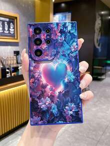 1 pieza Funda protectora de teléfono con flor de corazón de neón compatible con Apple/Galaxy - Azul - Ver 7