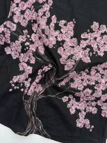 FRACTYR 男士夏季休闲街头樱花印花短袖衬衫，双面可穿，宽松版型，新中国风，透气亲肤休闲衬衫 - 黑色 - 查看 7