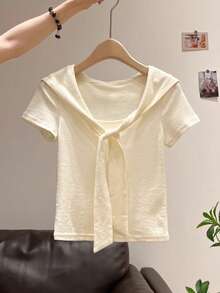 Áo thun dáng ôm cổ chữ U tay cánh dơi thanh lịch, tối giản, trang phục mùa hè đa năng dành cho nữ. - Màu be - Xem 7