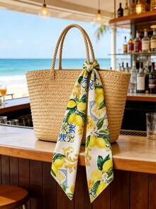 1 Stück Damen Frühlings Seiden Satin Schal, Blau Zitrone Blumen Muster, Tägliches Accessoire Geschenk, Ideal für Valentinstag oder Strandbekleidung - Chain Lemon - Übersicht 6