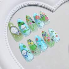24Pcs Green Press On Nails Medium Almond Fake Nails With 3D Pink Flower Design Cute Cartoon Cat Full Cover False Nails Colorful Floral Glitter Glossy Glue On Nails For Women Manicure Decor - 彩色 - 查看 3
