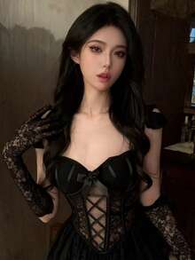 黑色蕾丝性感长款薄款新娘手套，白色袖套，性感洛丽塔风格摄影道具配饰，夏季，海滩，婚礼 - 黑色 - 查看 3