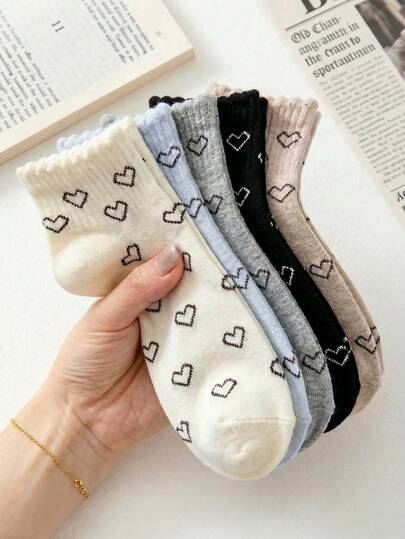 1/5/10 pares de calcetines de mujer de corte bajo con boca de burbuja de unicolor con forma de corazón aleatorio, de moda, suaves, cómodos, transpirables y versátiles, adecuados para uso diario