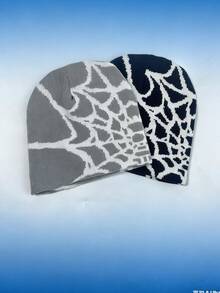 2顶/套或1顶男士独特蜘蛛网提花针织帽，适合秋冬季休闲穿着 - 彩色 - 查看 16