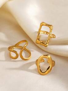 3pcs Set Fashionable Minimalist High-End Plated Stainless Steel Geometric Square & Oval Open Ring, Suitable For Women's Daily Wear & Parties - Gold - View 1