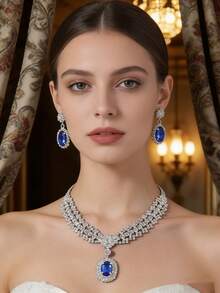 Bộ trang sức 2 món đính đá thạch anh tím mộng mơ, thiết kế đính đá màu bạc thanh lịch, phù hợp cho đám cưới/tiệc tùng. Bộ dây chuyền và bông tai đa năng. - Nhiều màu - Xem 7