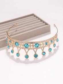 1pc European And American Bridal Bridesmaid Crown Headpiece, Alloy Rhinestone Hair Accessory For Evening Gown, Princess Style Hair Decoration - Blue - View 5