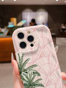 Ocean 1pc Minimalist Pink Seashell & Palm Tree Pattern Phone Case, Wavy Cream TPU Material Suitable As Holiday Gift Compatible With Apple XS/XS Max/XR/11/12/13/14/15/15 Pro/16 Pro/16 Pro Max/16 Plus/17 Series - Multicolor - View 5