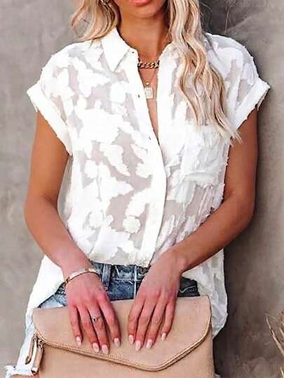 Camicia estiva casual da donna in tessuto jacquard lavorato a maglia, con tasche, adatta per vacanze, viaggi quotidiani e appuntamenti