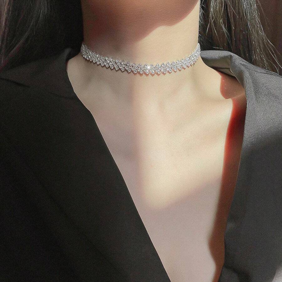 1 pieza Collar gargantilla con diamantes de estilo europeo y americano popular, collar de diseño único - Plateado - View 1