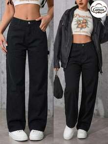 Y2K风格女式直筒宽松裤，高腰弹力黑色休闲复古长裤，优雅街头风春季下装 - 黑色 - 查看 2