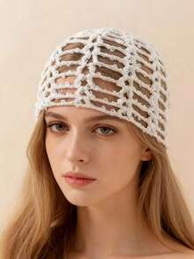 Gorro Tejido Calado Rojo con Malla y Lentejuelas Brillantes, Accesorio Fiesta Bohemio para Mujer Primavera-Verano, Complemento para Sesiones de Fotos - lago azul - Ver 3