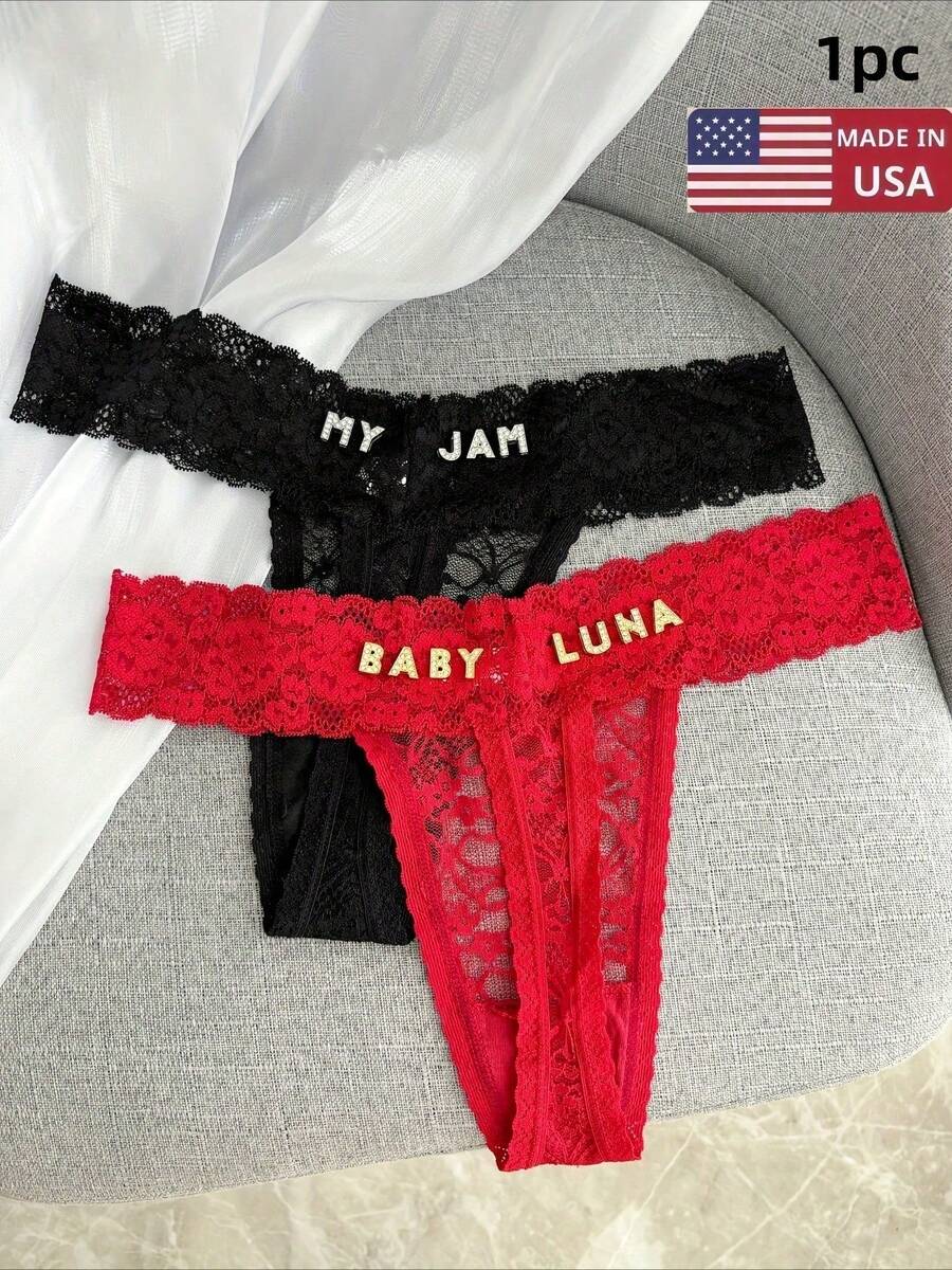 Bragas tipo G de encaje con nombre personalizado - Diseño personalizado con letras y números en inglés, malla transpirable con patrones florales, ropa interior de triángulo de talle bajo, lavar a mano, encaje sexy, regalo perfecto para parejas, ropa interior linda - Negro - Ver 1