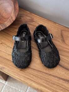1 Pair Girls Fashion Flat Slip-On Loafers, Woven Hollow-Out Casual Shoes, Toddler Anti-Slip Soft Bottom Prewalker Shoes, Breathable Mary Jane Shoes, Outdoor Durable Travel Walking Shoes, Fashionable Princess Shoes For School, Indoor/Outdoor Vintage Stage Shoes, Suitable For Spring, Summer, Autumn Daily Wear - Black - View 4