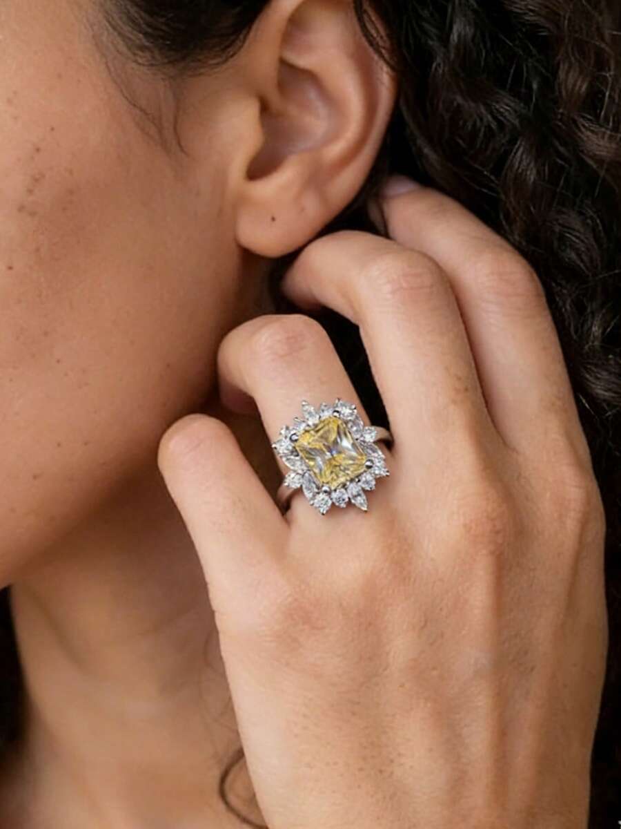 1 pieza Anillo cuadrado amarillo brillante de lujo, diseño elegante, anillo de boda vintage, joyería diaria y de fiesta para mujeres, regalo para el Día de San Valentín y el Día de la Madre (sin caja) - Amarillo Oro - Ver 1