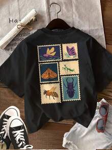 Spring/Summer Fashion[Double-Sided Print]Women's Pure Cotton T-Shirt, Vintage Style, Stamp, Insect, Dragonfly, Butterfly, Bee Print, Casual, Round Neck, Short Sleeve, Spring/Summer Top. Plus-Size Friendly, Cute Top, Y2K Retro Style, Oversized Fit. Soft And Gentle On The Skin, - 綠色 - 查看 11