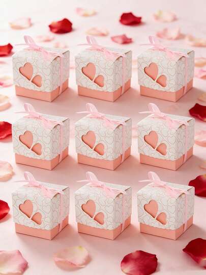 Hộp quà nhỏ màu hồng hình trái tim (10/20 chiếc) kèm ruy băng, thích hợp làm quà tặng đám cưới, tiệc mừng em bé, sinh nhật.