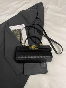 Faux Leather Solid Color Flap Plaid Handbag & Shoulder Bag For Women - Black - View 5