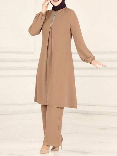 Women's Casual Modest Style Solid Color Round Neck Top With Loose Pants 2-Piece Set, Dignified And Appropriate Eid Spring