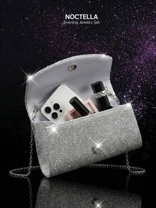 Noctella 四件套奢华水晶首饰套装：闪耀项链、耳环、手链和优雅褶皱水晶手拿包。可拆卸金属链条单肩包，适合婚礼和派对场合。多功能鸡尾酒会婚礼钱包手拿包 - 銀色 - 查看 6