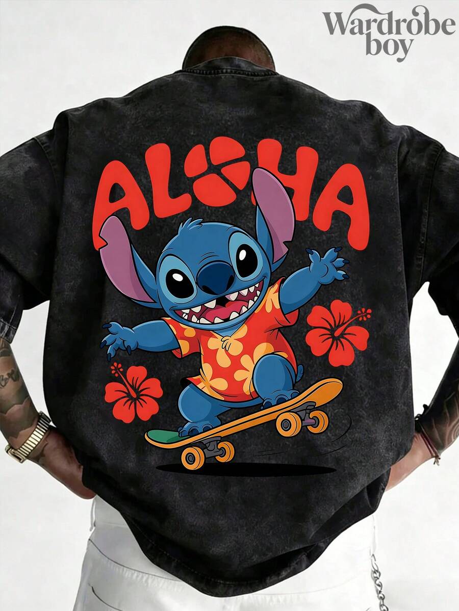 Disney Authorized Short Sleeved Washed Cotton Printed T-Shirt, Stitch Printed T-Shirt,Graphic Tees, Cotton Graphic Tees,Funny Graphic Tees,Suitable For Family Travel And Vacation. Mother's Day T-Shirt, Suitable For Both Men And Women. Cotton T-Shirt, Comfortable And Breathable. - 黑色 - 查看 1
